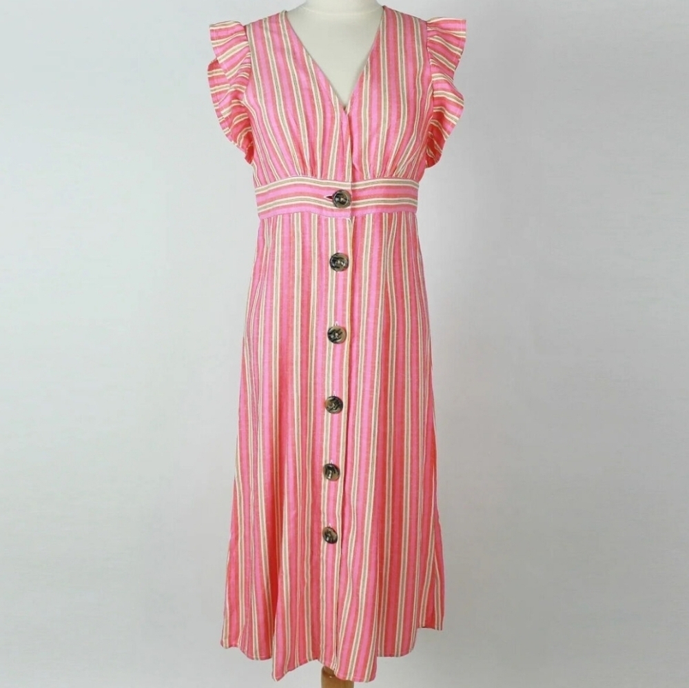 A.N.A Stripped Button Down Mini Ruffle Cap Sleeve Dress